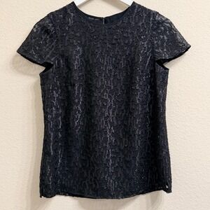 REISS Black Metallic Textured Top Blouse Women 2 Short Sleeve Shimmer Party Chic